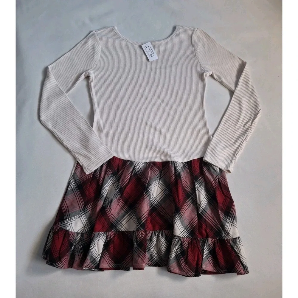 The Childrens Place Girls Christmas Long Sleeve Plaid Ribbed Drop Waist Dress 16